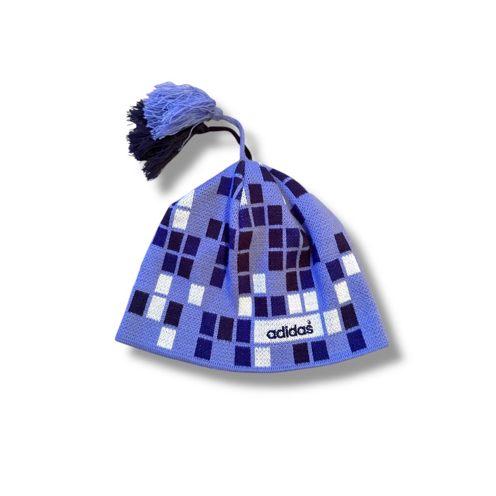 Adidas Plaid Pom Pom Beanie Hat Blue Purple One‎ Size Unisex Winter Knit